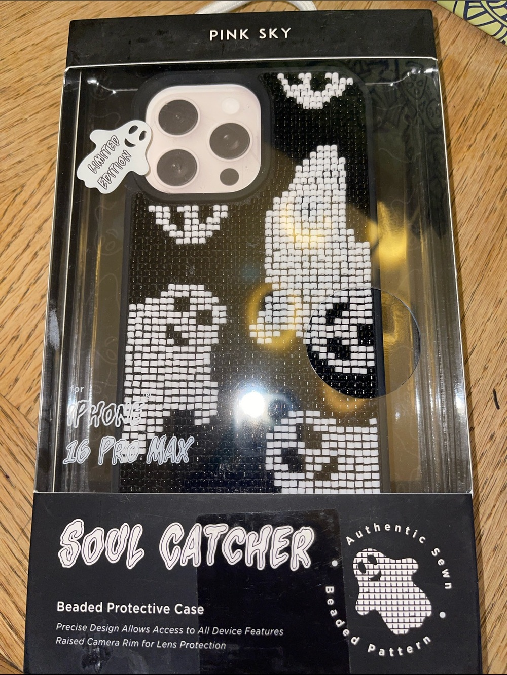 Pink Sky Soul Catcher Beaded iPhone 16 Pro Max Case - Black & White Ghosts